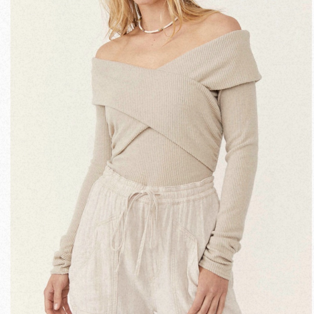 Free people marley off the shoulder waffle knit top XS cream